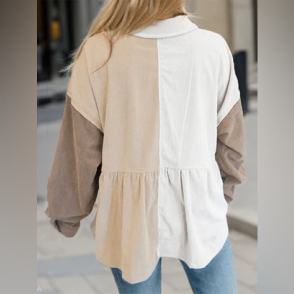 Cream and Tan Peplum Button Down Shirt - Picture 5 of 13